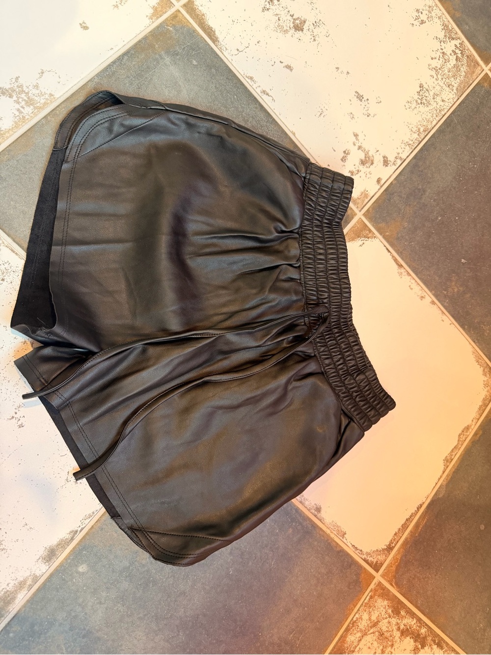 Olivaceous Black Faux Leather Athletic Shorts